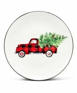 Flash Sale ⌛ Abbott White & Red Buffalo Check Tree Truck Small Plate For Home & Garden 🎉