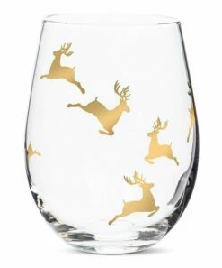 Hot Sale 🛒 Abbott Clear & Goldtone Reindeer Stemless Wineglass For Home & Garden ⌛