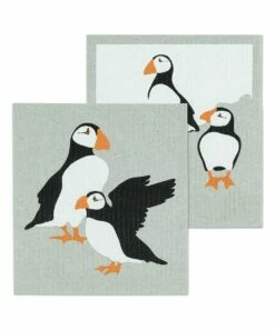 Best Sale ⭐ Abbott Gray & Black Puffins Reusable Swedish Dishcloth - Set Of Two For Home & Garden 😍