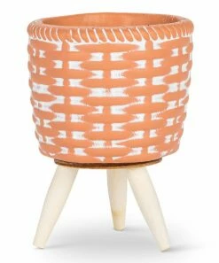 Coupon 😍 Abbott Coral & White Woven-Print Tripod Planter For Other 🧨