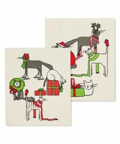New 🤩 Abbott Gray & Green Holiday Cats Reusable Swedish Dishcloth - Set Of Two For Home & Garden 💯