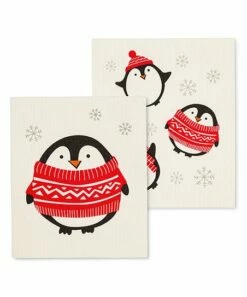 Wholesale ⭐ Abbott Cream & Red Winter Penguins Reusable Swedish Dishcloth - Set Of Two For Home & Garden 😍